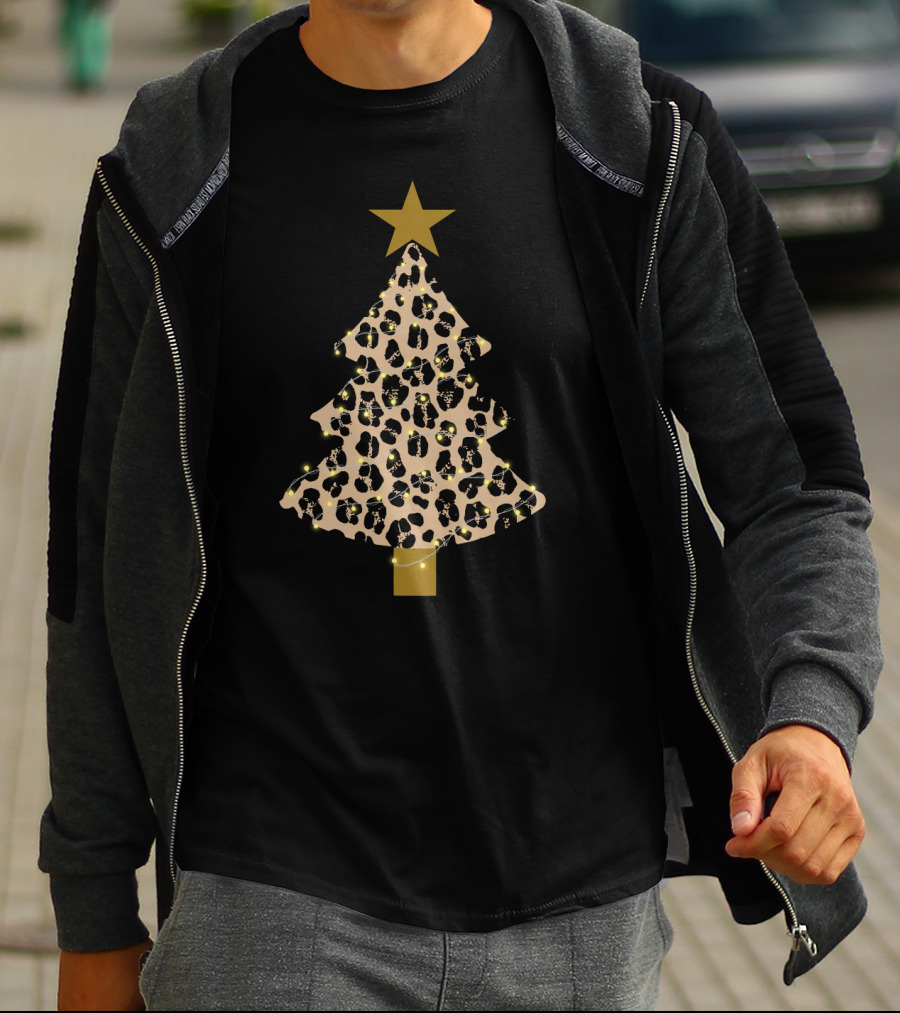 Leopard Print Christmas Tree With Star And Lights T-Shirt