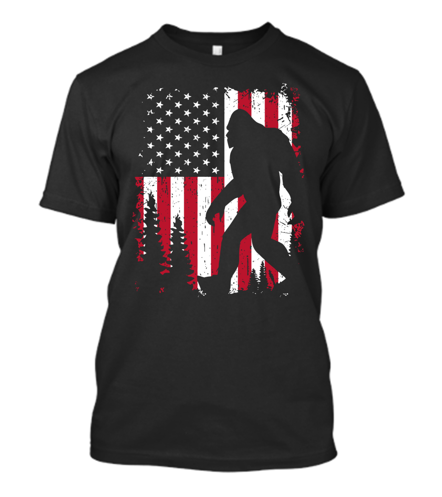 Bigfoot Walking Across American Flag With Forest T-Shirt
