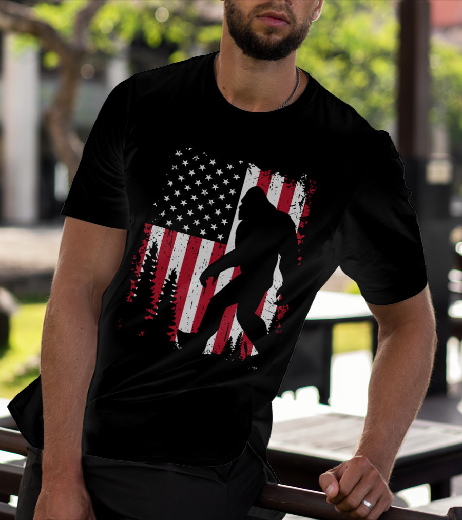 Bigfoot Walking Across American Flag With Forest T-Shirt