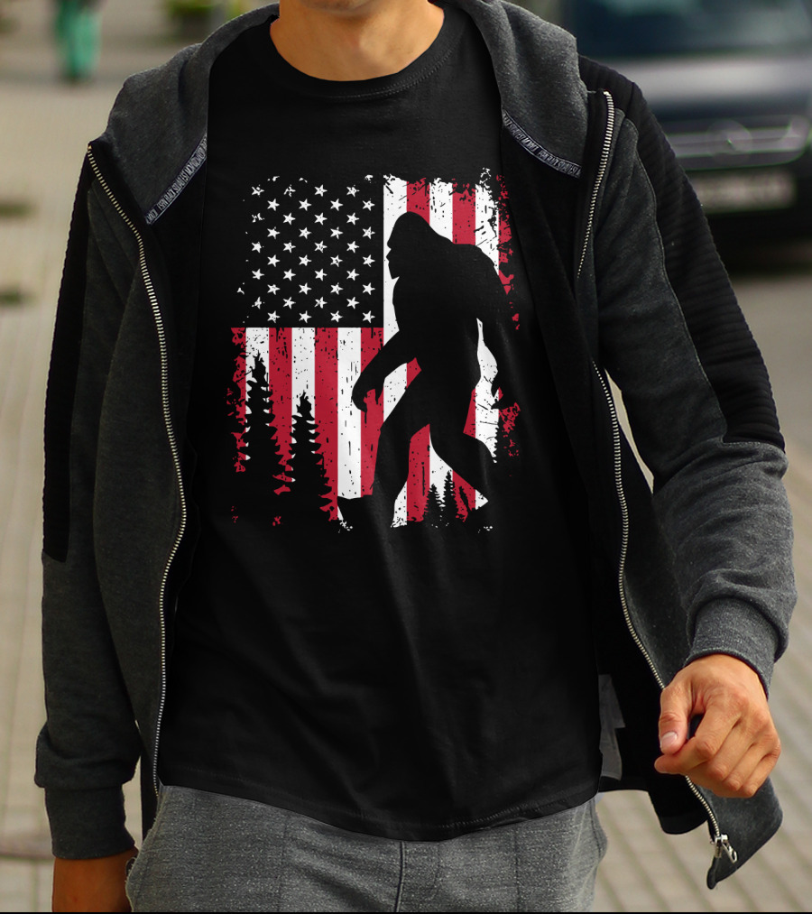 Bigfoot Walking Across American Flag With Forest T-Shirt