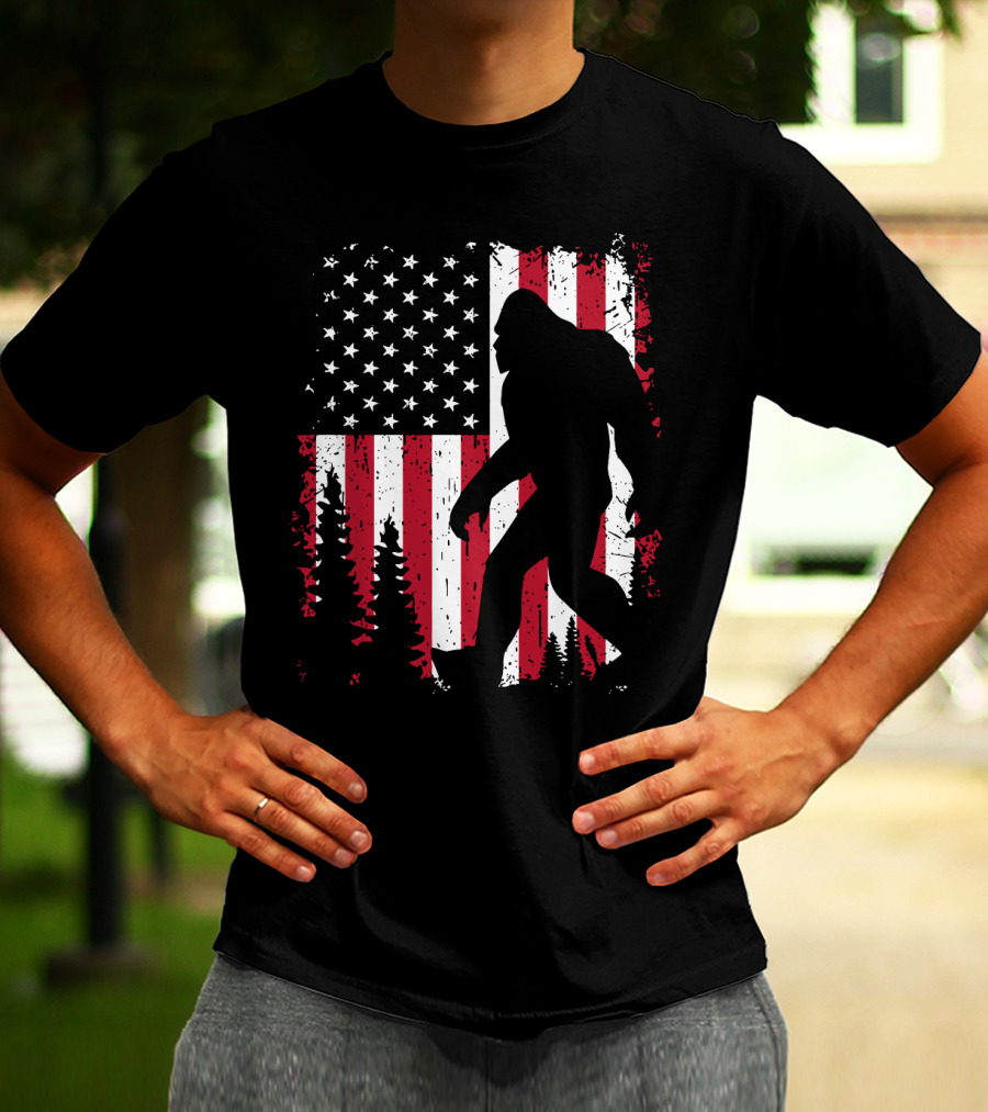 Bigfoot Walking Across American Flag With Forest T-Shirt