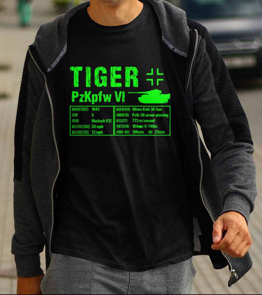 Tiger PzKpfw VI 1943 German Heavy Tank Specs With 88mm KwK 36 Gun T-Shirt