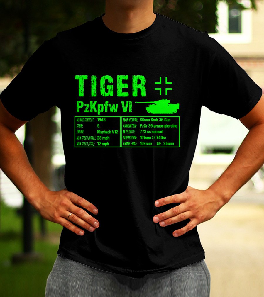 Tiger PzKpfw VI 1943 German Heavy Tank Specs With 88mm KwK 36 Gun T-Shirt