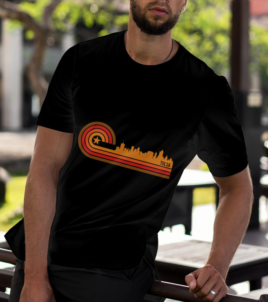 Retro Tulsa OK Skyline With Star And Sunset Stripes T-Shirt