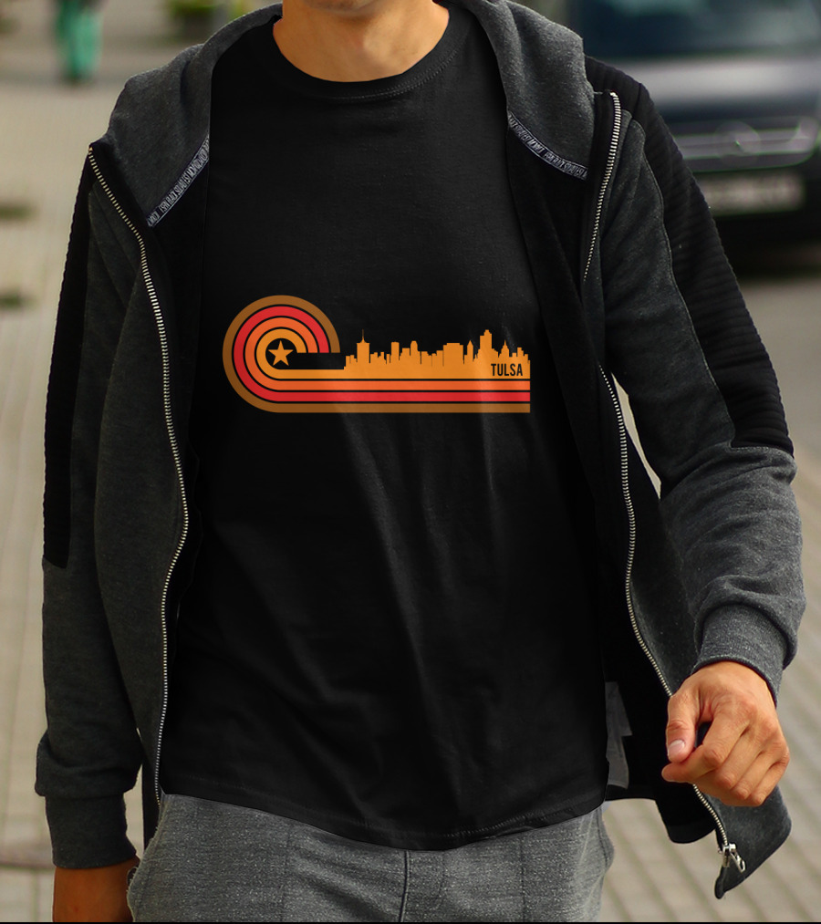 Retro Tulsa OK Skyline With Star And Sunset Stripes T-Shirt