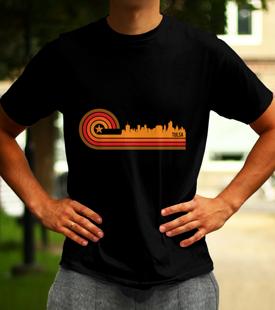 Retro Tulsa OK Skyline With Star And Sunset Stripes T-Shirt