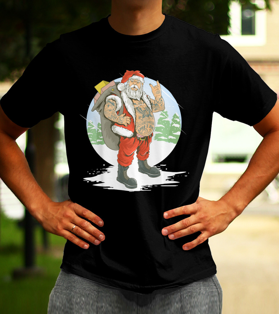 Christmas Santa Claus With Full Body Tattoo And Rock Hand Gesture T-Shirt