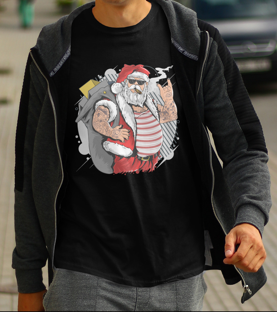 Santa Claus Merry Christmas Tattoo Rock Hand Illustrated T-Shirt