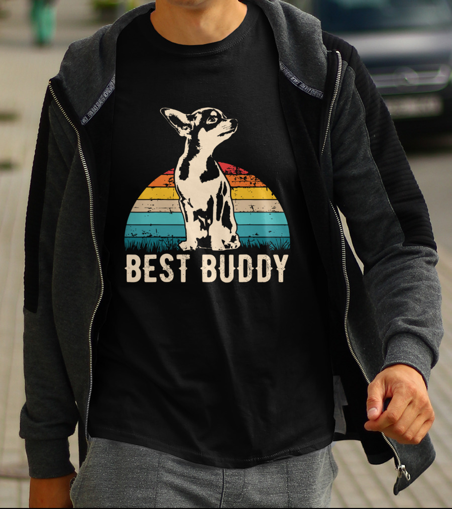 Retro Best Buddy Chihuahua With Vintage Sunset Stripes T-Shirt