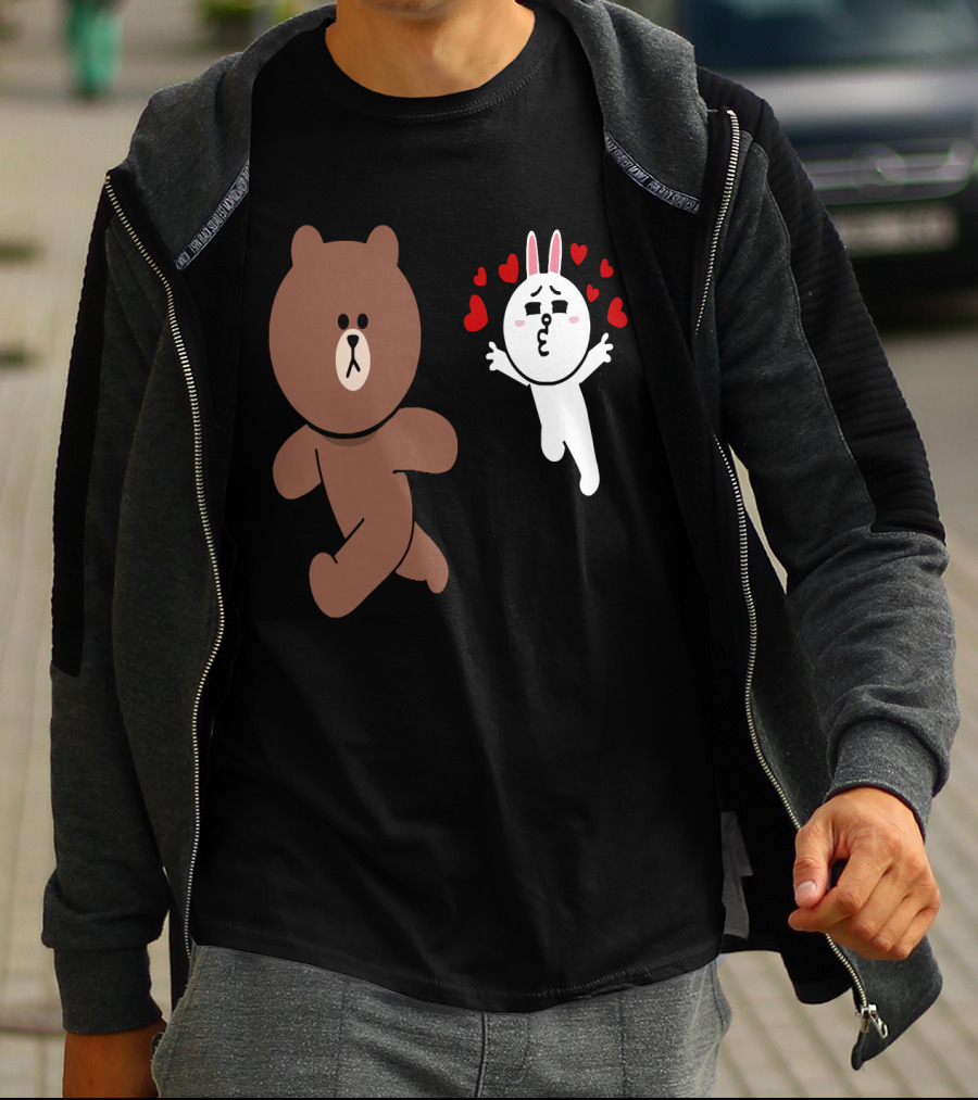 Cute Brown Bear Cony Bunny Rabbit Love Hearts Chase Valentine's Day Run T-Shirt