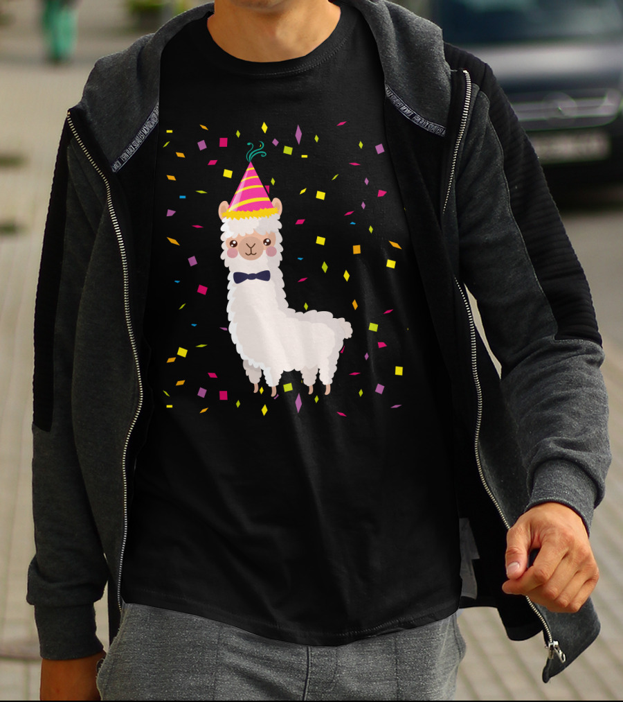 Funny Alpaca Birthday Party Celebration With Confetti T-Shirt