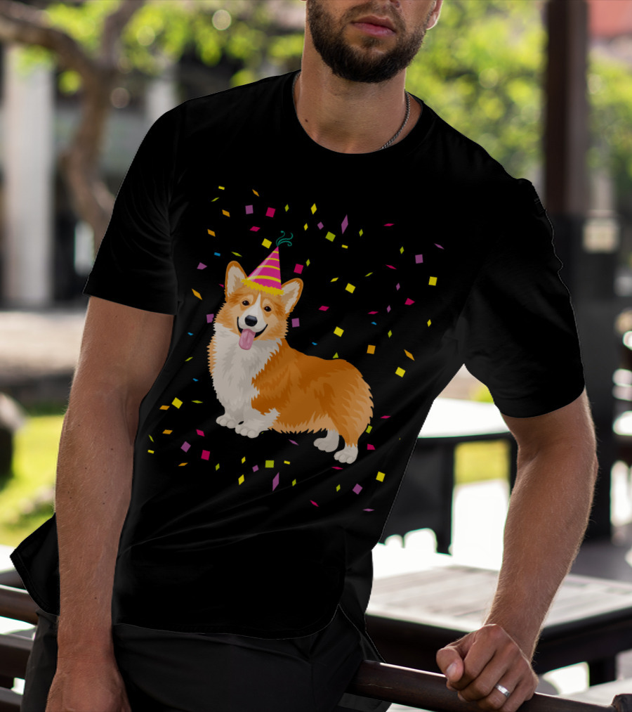 Welsh Corgi Birthday Party With Confetti And Party Hat T-Shirt