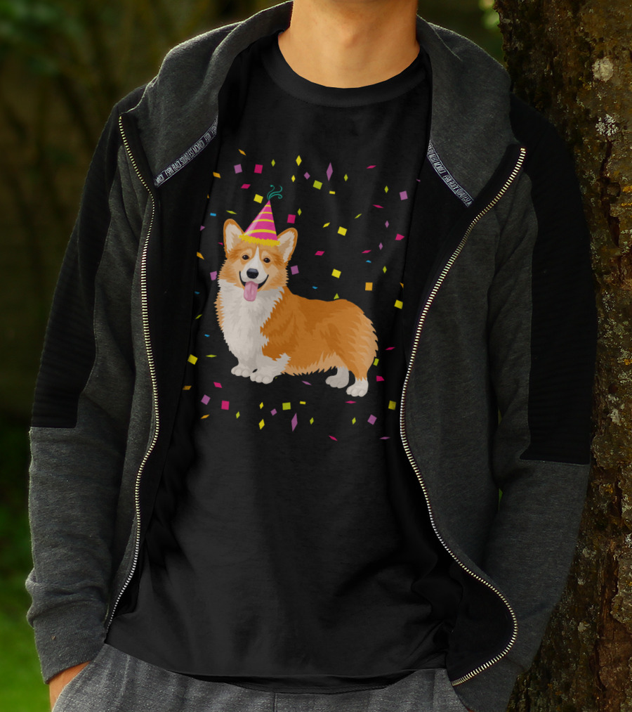 Welsh Corgi Birthday Party With Confetti And Party Hat T-Shirt
