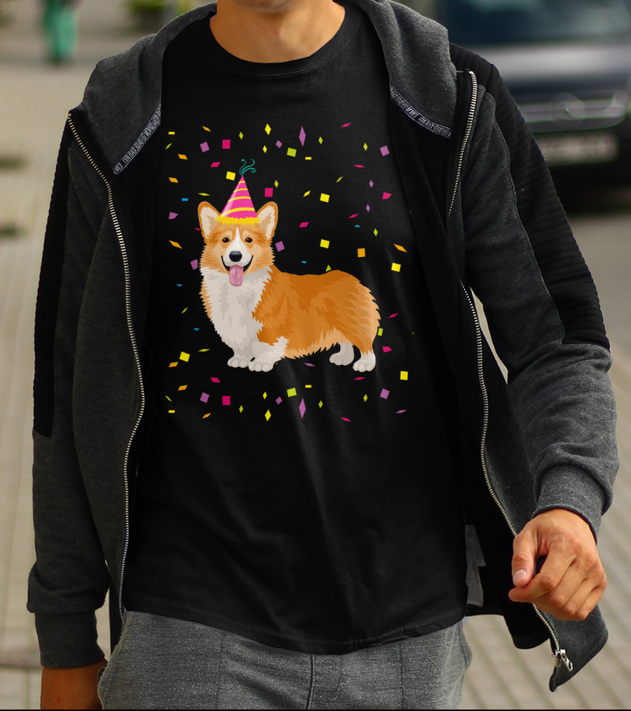 Welsh Corgi Birthday Party With Confetti And Party Hat T-Shirt