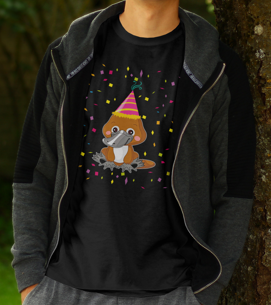 Funny Platypus With Party Hat And Confetti Celebration Birthday T-Shirt