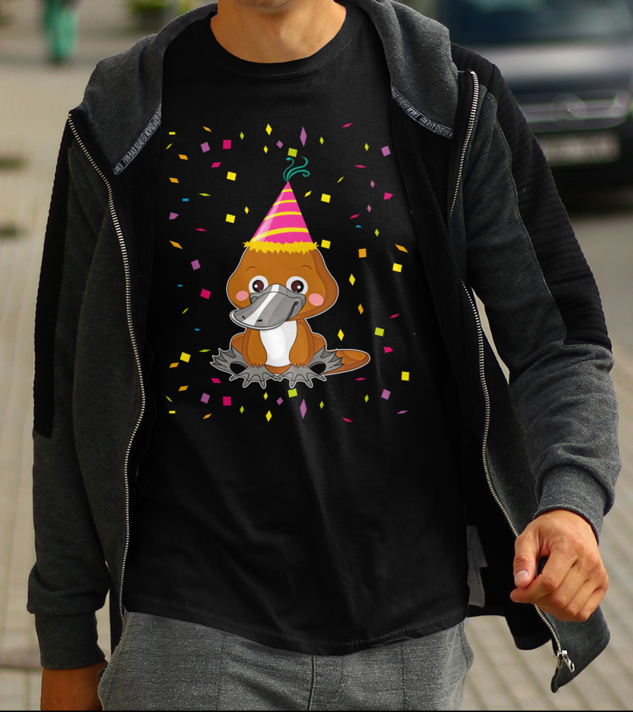 Funny Platypus With Party Hat And Confetti Celebration Birthday T-Shirt
