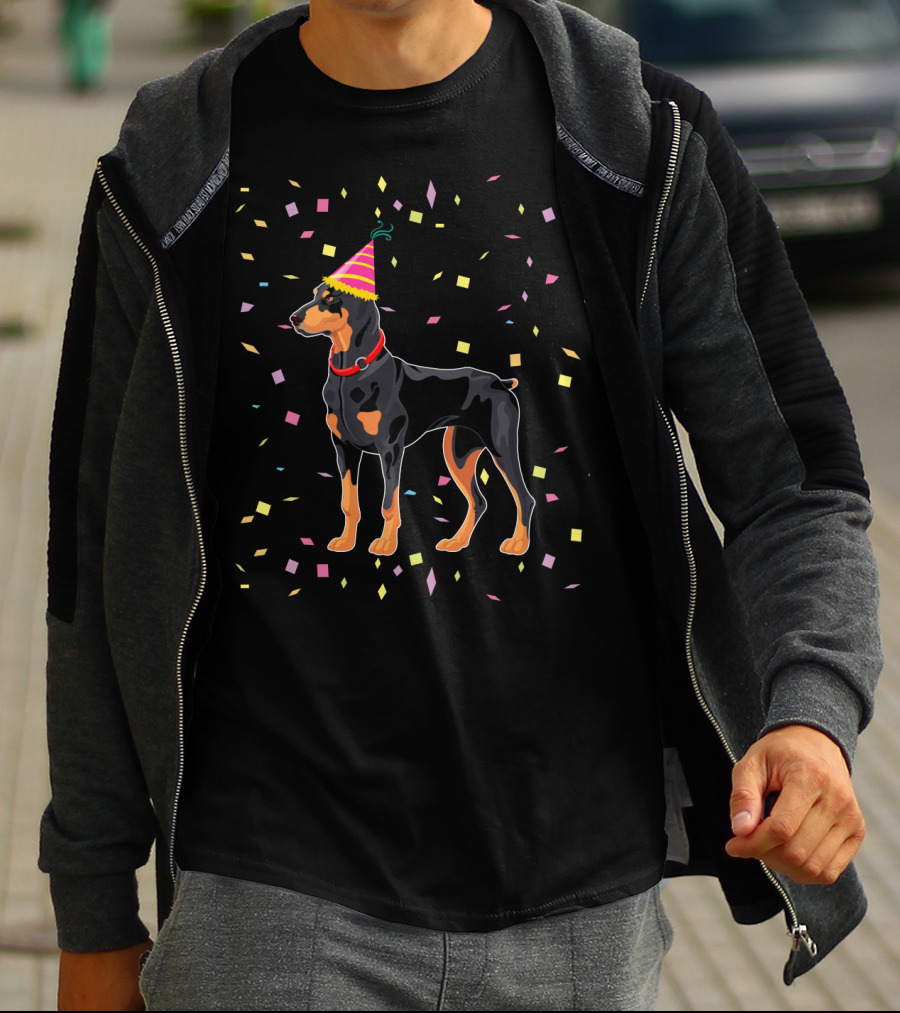 Doberman With Party Hat And Confetti T-Shirt