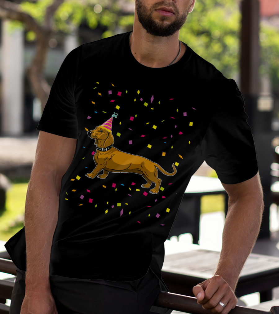 Funny Dachshund Birthday Party With Confetti And Party Hat T-Shirt