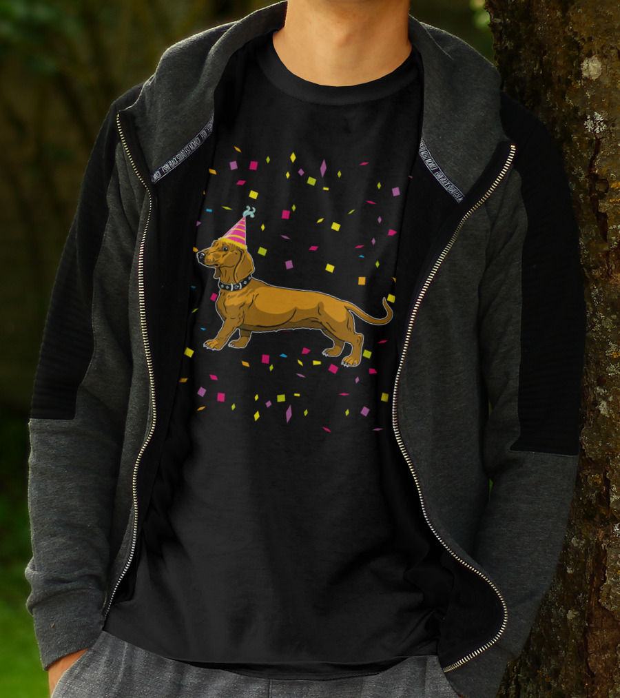 Funny Dachshund Birthday Party With Confetti And Party Hat T-Shirt