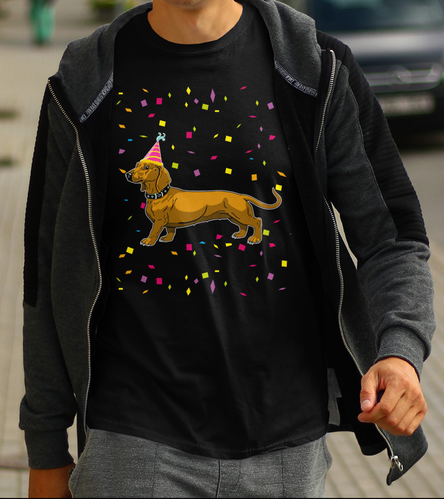 Funny Dachshund Birthday Party With Confetti And Party Hat T-Shirt