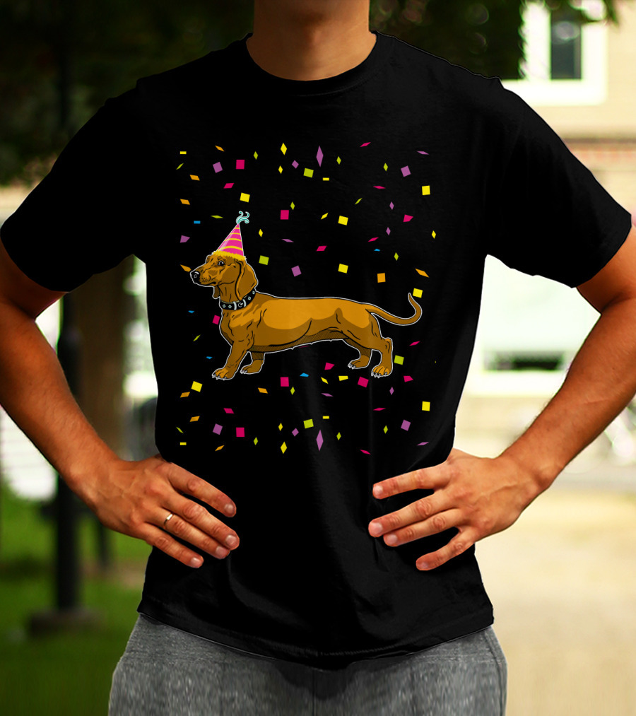 Funny Dachshund Birthday Party With Confetti And Party Hat T-Shirt