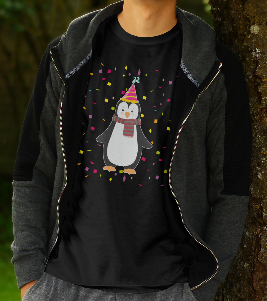 Funny Penguin Birthday Confetti Celebration With Party Hat And Scarf T-Shirt