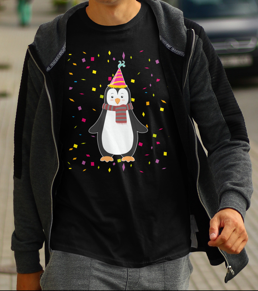 Funny Penguin Birthday Confetti Celebration With Party Hat And Scarf T-Shirt