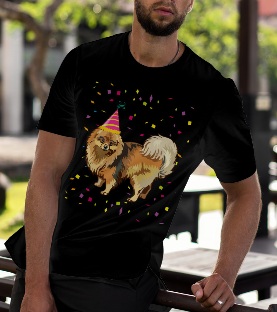 Pomeranian Birthday Party Funny Dog With Confetti And Party Hat T-Shirt