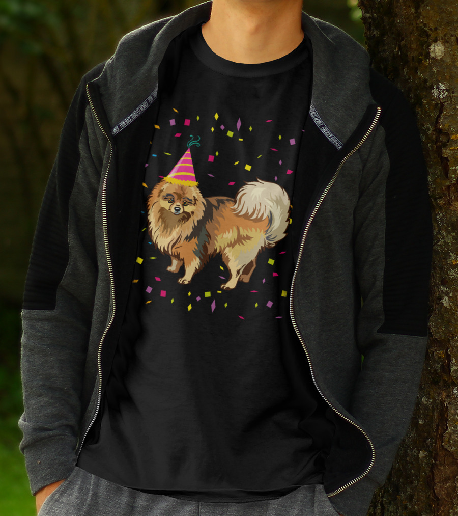 Pomeranian Birthday Party Funny Dog With Confetti And Party Hat T-Shirt
