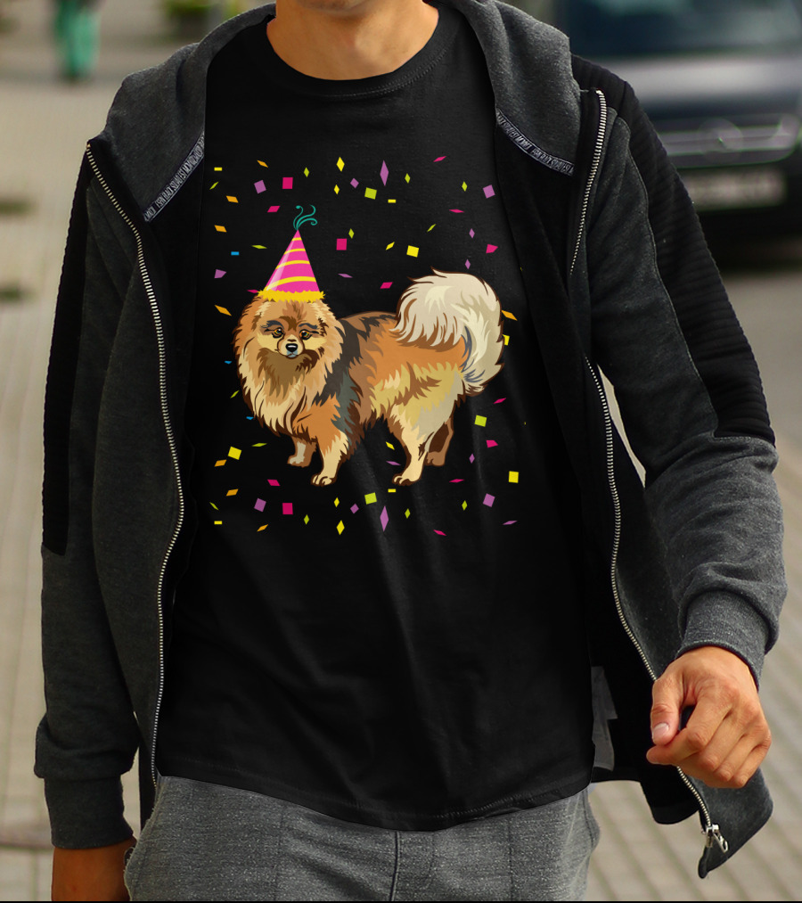Pomeranian Birthday Party Funny Dog With Confetti And Party Hat T-Shirt