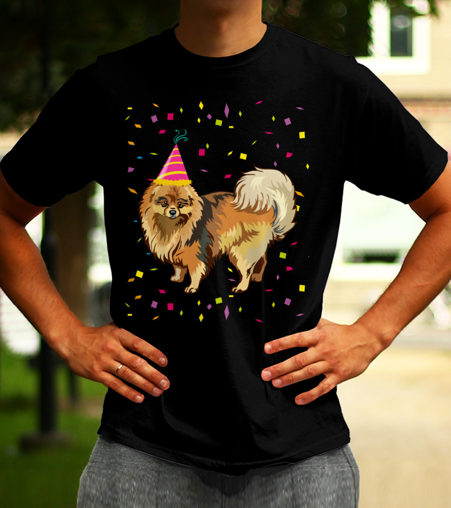 Pomeranian Birthday Party Funny Dog With Confetti And Party Hat T-Shirt