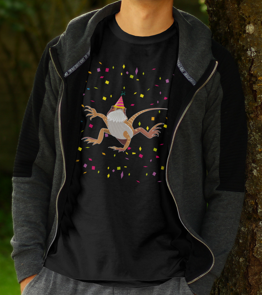 Colorful Confetti Party Hat Bearded Dragon Birthday T-Shirt