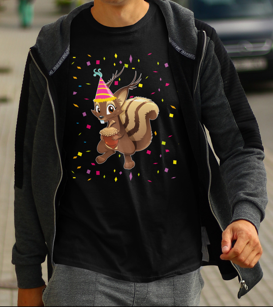 Funny Squirrel Party Hat Holding Acorn Birthday Confetti T-Shirt