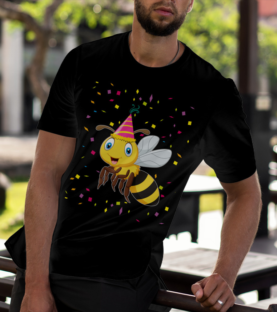 Funny Bee Birthday With Confetti And Party Hat T-Shirt