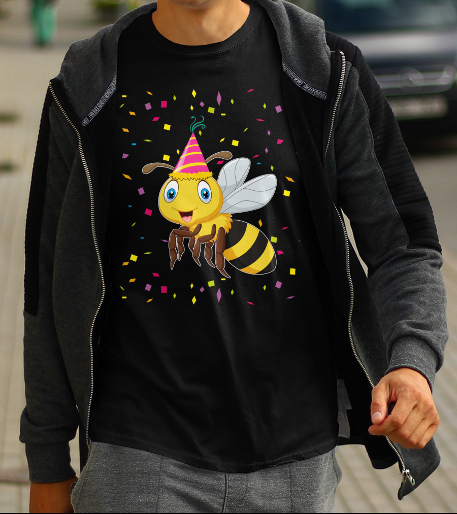 Funny Bee Birthday With Confetti And Party Hat T-Shirt