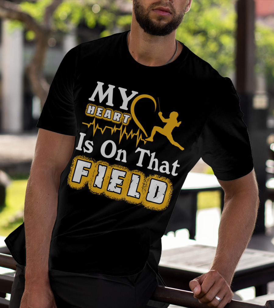 My Heart Is On That Field Fencing Silhouette With Heartbeat Line T-Shirt