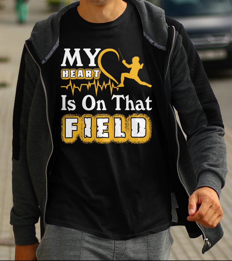 My Heart Is On That Field Fencing Silhouette With Heartbeat Line T-Shirt