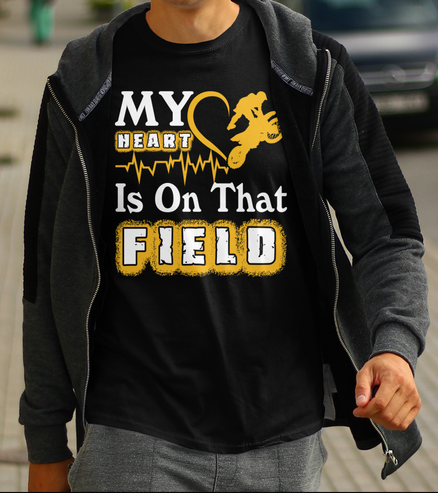 My Heart Is On That Field Dirt Bike Racing Motocross Rider Heartbeat T-Shirt