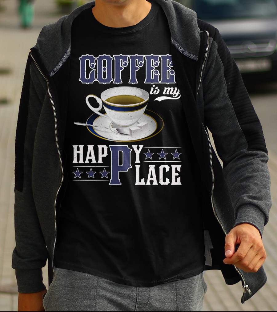 COFFEE Is My Happy Place Cup Saucer Sugar Cubes Stars T-Shirt