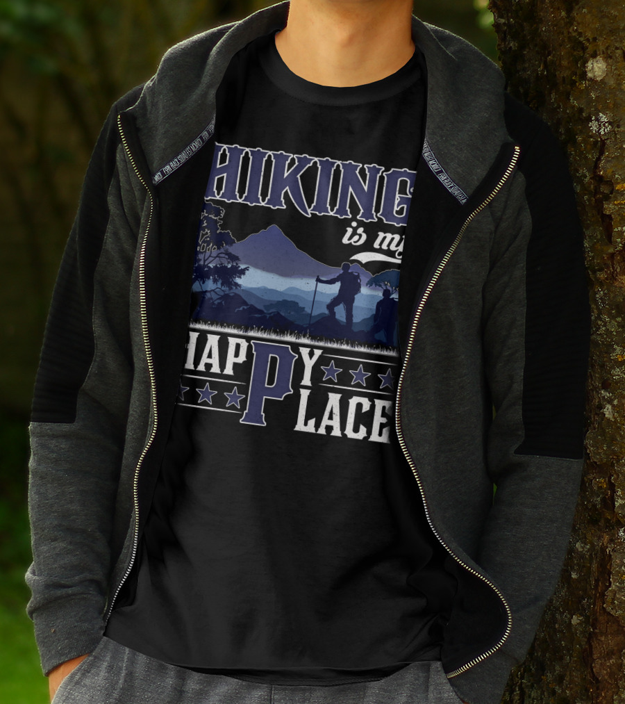 Hiking Is My Happy Place Mountain Silhouette Adventure T-Shirt