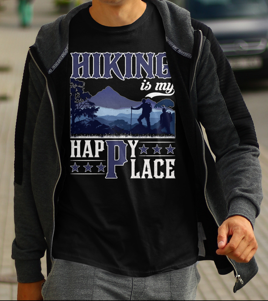Hiking Is My Happy Place Mountain Silhouette Adventure T-Shirt