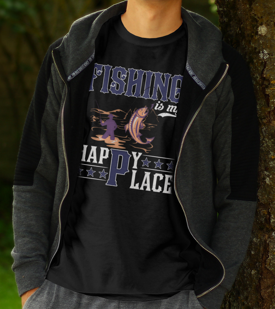 Fishing Is My Happy Place With Angler And Fish T-Shirt