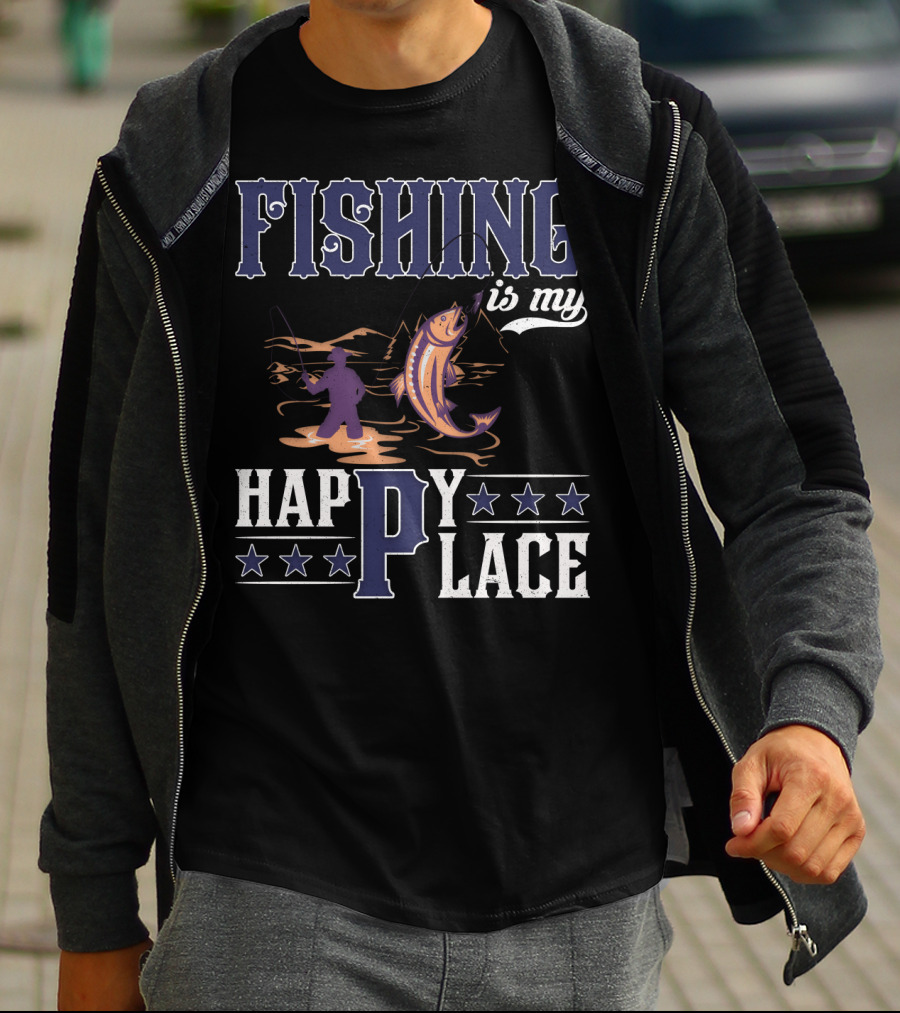 Fishing Is My Happy Place With Angler And Fish T-Shirt