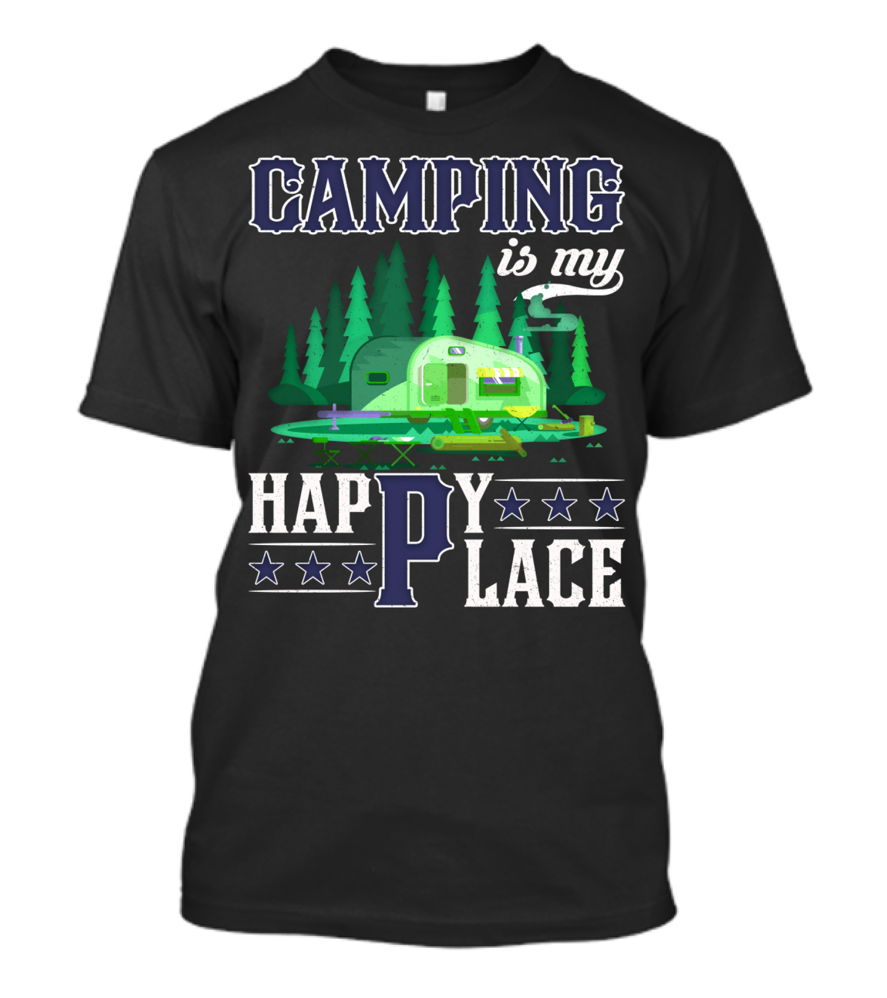 Camping Is My Happy Place Camper Forest Scene With Stars T-Shirt