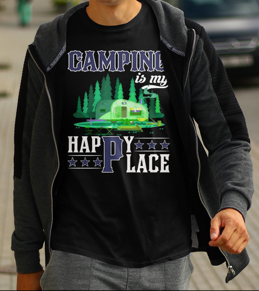 Camping Is My Happy Place Camper Forest Scene With Stars T-Shirt