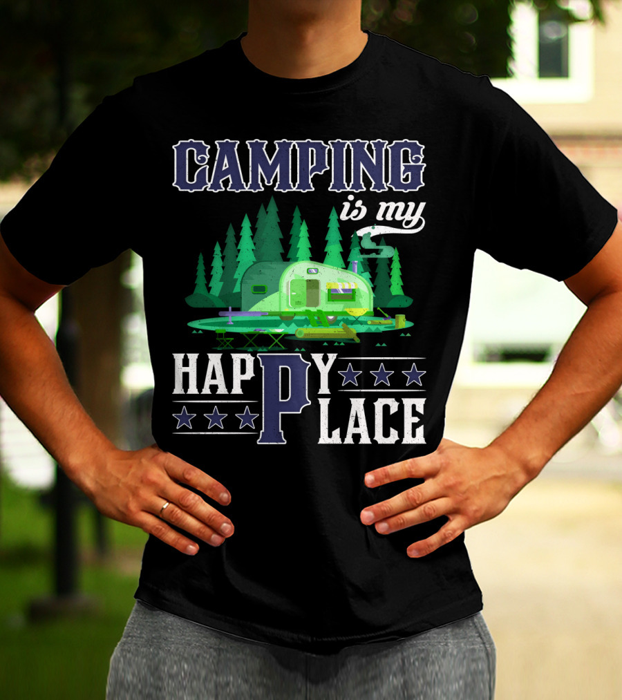 Camping Is My Happy Place Camper Forest Scene With Stars T-Shirt