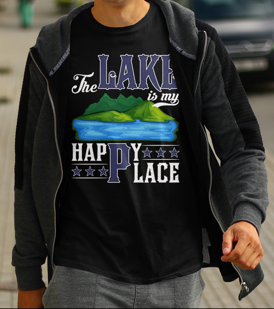 The Lake Is My Happy Place With Blue Water And Green Mountain Scene T-Shirt