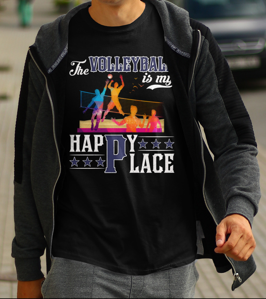 The Volleyball Is My Happy Place Colorful Players Action Scene T-Shirt