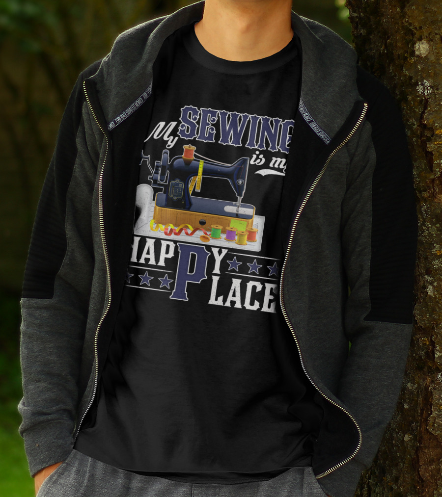 My Sewing Is My Happy Place Sewing Machine Spools Stars T-Shirt