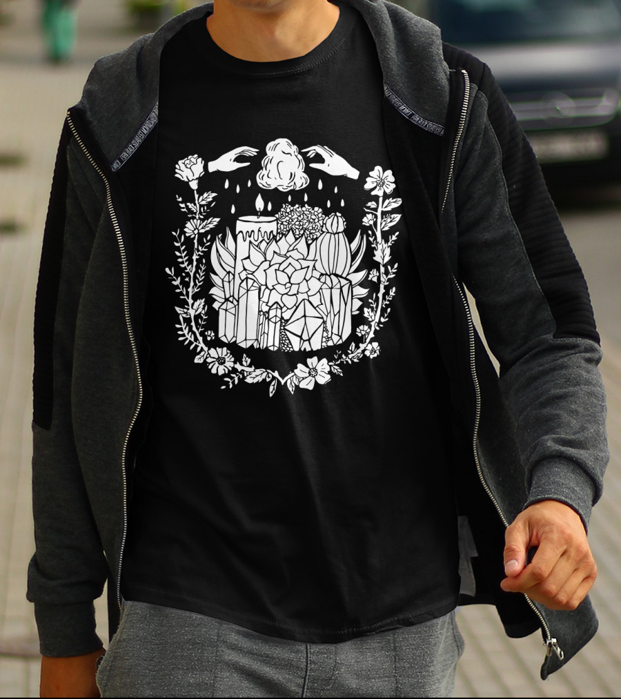 Crystals Succulents Candle Hand Magic Floral Border T-Shirt